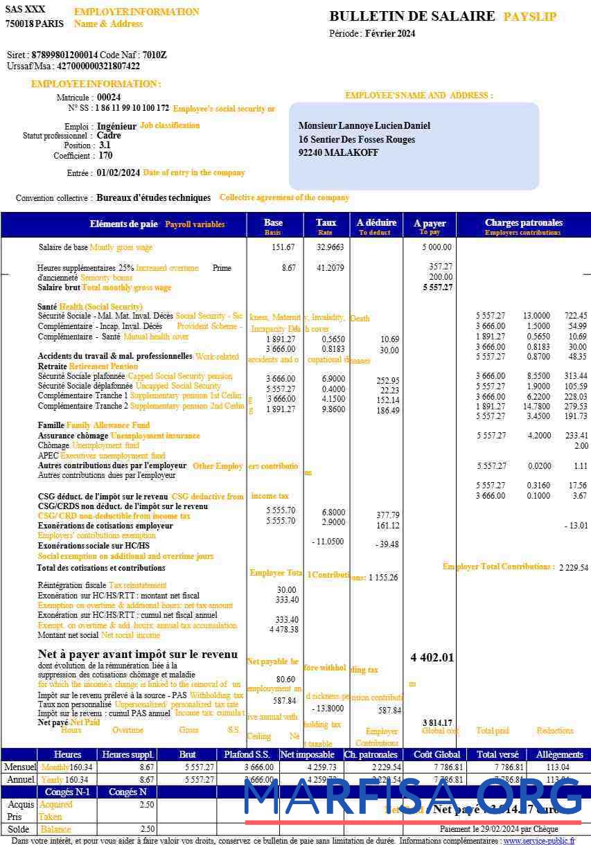 Printable France payslip (in French language) download for verification
